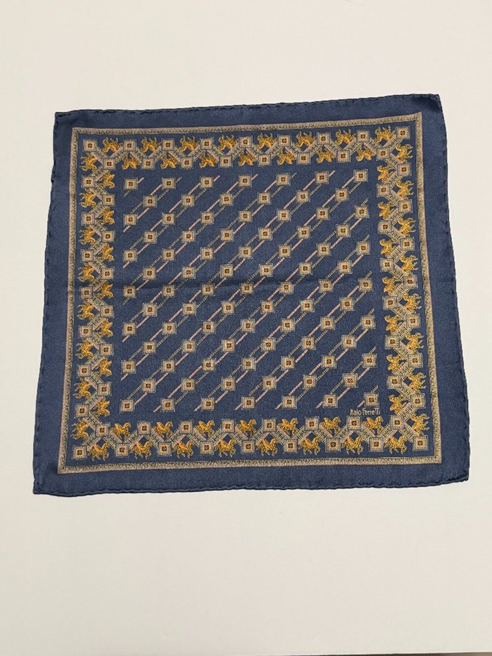 Blue and Gold Horse Patterned Silk Pocket Square by Ítalo Ferretti